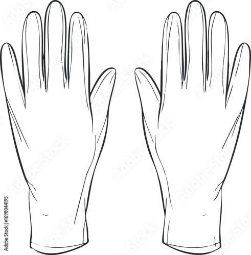 Illustration of a pair of gloves suitable for various uses such as cleaning and medical tasks. Black on transparent background.