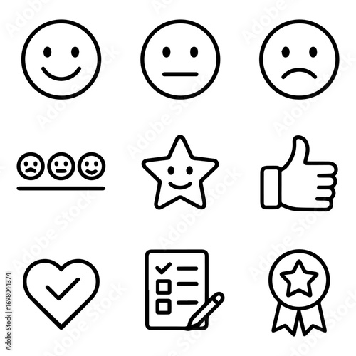 Collection of Feedback Emojis Stars and Checklist Icons.