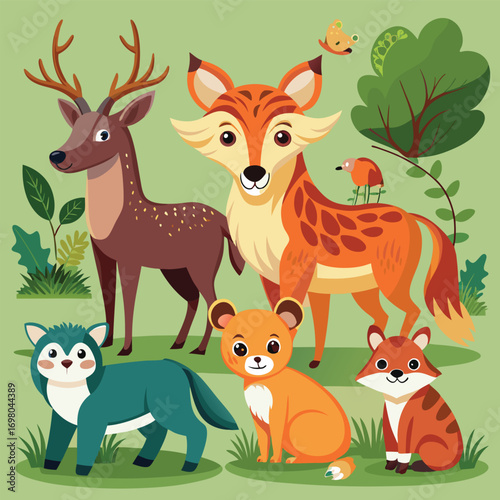 Cartoon illustration of a deer, fox, wolf, lion cub, and other animals in a forest setting.