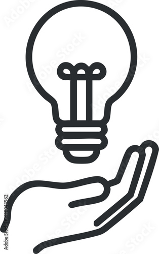 A hand holding a lightbulb symbolizing innovation and creativity in ideas and solutions. Black on transparent background.