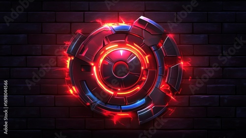 Circular graphic design, glowing red/blue, metallic fragments on dark brick wall