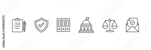 Regulation line icons. Compliance Icons. Containing rules, authority, conduct, law, guideline, government, ethics, compliance and more. Vector illustration.