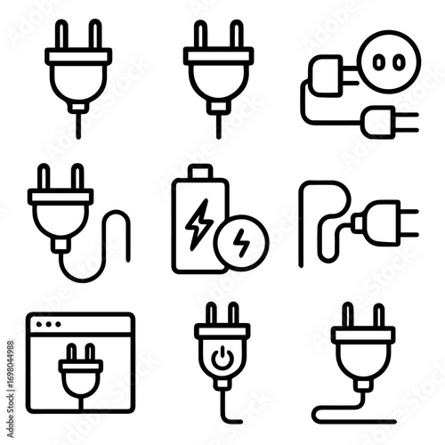 Collection of Nine Power Plug and Battery Icons.