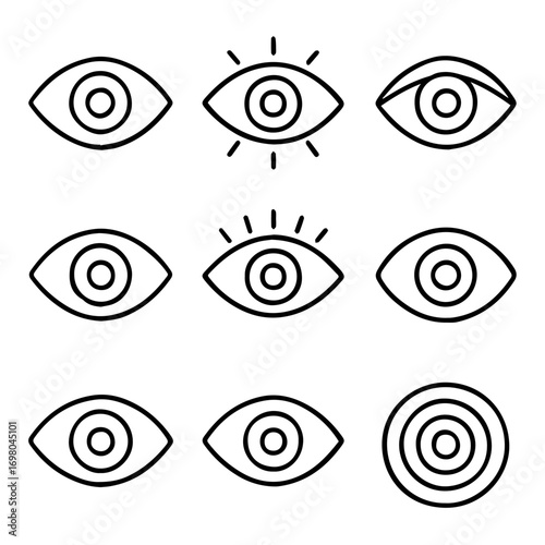 Collection of Nine Stylized Eye Icons with Varying Designs and Line Thickness.