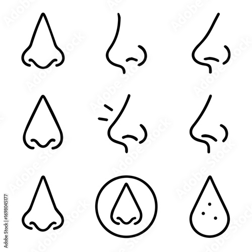 Collection of Nine Stylized Human Nose Illustrations in Various Shapes and Angles.