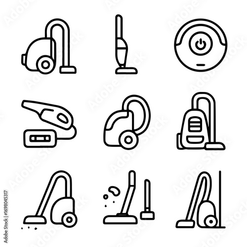 Collection of Nine Vacuum Cleaner Icons Upright Handheld and Robotic Models.
