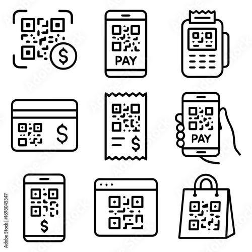 Collection of QR Codes for Mobile Payment and Transaction Icons.