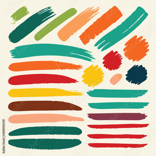 Collection of colorful hand-drawn paint strokes, perfect for artistic design elements and backgrounds.