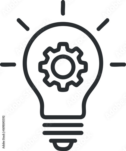 A light bulb with a gear symbolizing creativity and innovation in design and technology. Black on transparent background.