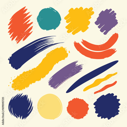 Colorful brush strokes and shapes on a light background.