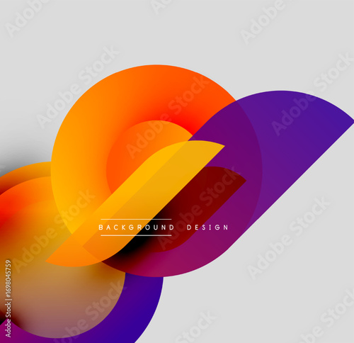 Abstract colorful shapes overlap. Orange, yellow, purple gradients create dynamic visual effect. Minimalist design with text elements.