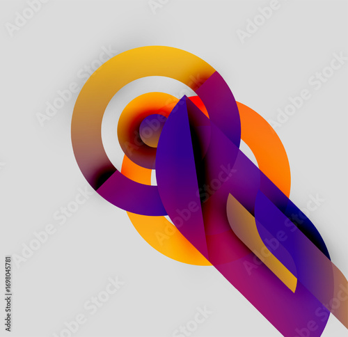 Abstract composition features overlapping colorful shapes. Gradient hues blend, creating dynamic visual interest. Modern design elements present.