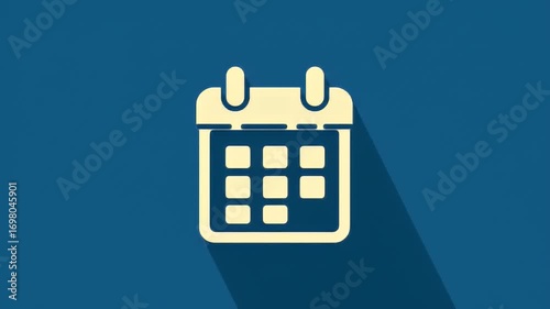 Stylized calendar icon with long shadow on blue, planning and organizing concept