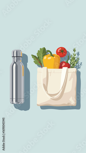 Eco bag with vegetables and reusable bottle vector