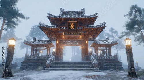 Snowy Asian temple gate in mist