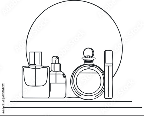 Minimalist line art illustration of perfume bottles on a shelf with a circular background Black on transparent background.