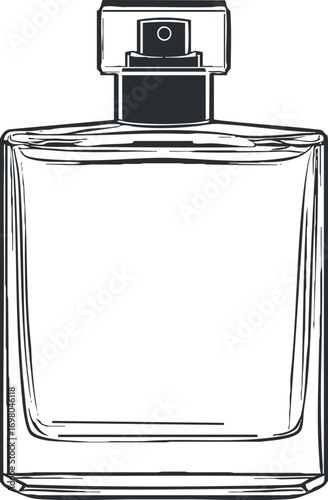 An elegant outline illustration of a perfume bottle with a minimalist design. Black on transparent background.