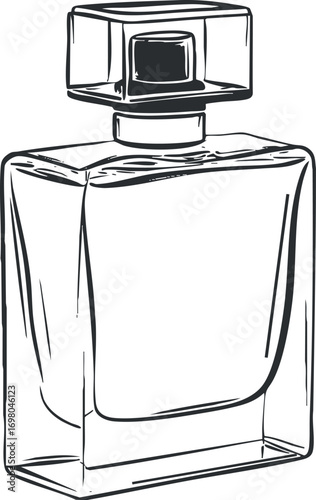 Stylish illustration of a clear perfume bottle with a minimalist design and elegant features. Black on transparent background.