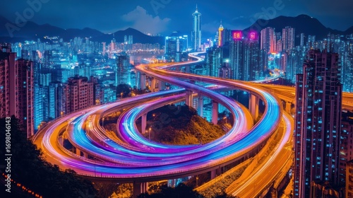 Night city, winding highway, vibrant lights
