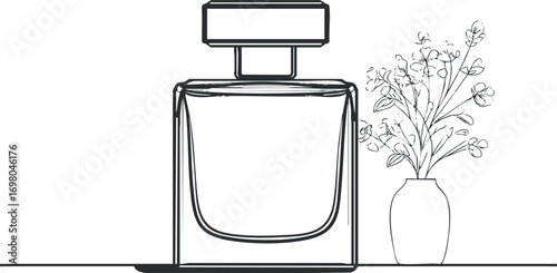 A minimalist line art illustration of a perfume bottle beside a flower vase. Black on transparent background.