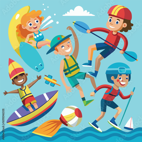Happy children enjoying various water sports and summer activities like kayaking, surfing, and water skiing on a bright blue background.