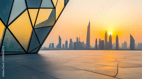 Modern architecture rooftop terrace at sunrise, city skyline