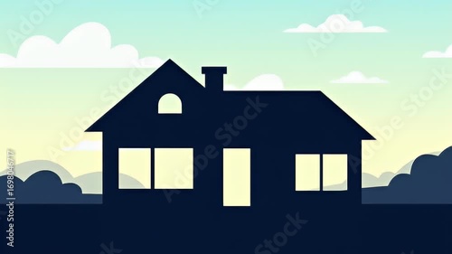 Stylized silhouette of a house with chimney under a cloudy, pale sky at dusk
