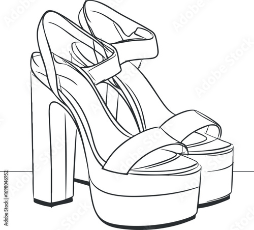 Stylish high heel platform shoes illustrated in a minimalist line art style. Black on transparent background.