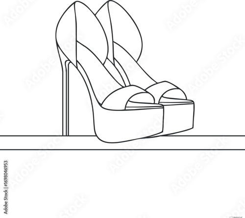 Stylish high heel shoes with platform design showcasing modern elegance and fashion trends. Black on transparent background.