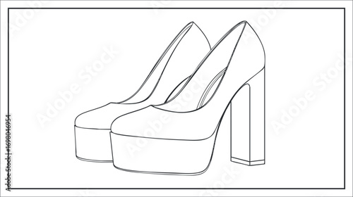 A stylish pair of high heel platform shoes depicted in elegant line art. Black on transparent background.