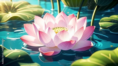 Pink lotus blossom floats atop turquoise water amid green lily pads, serene scene