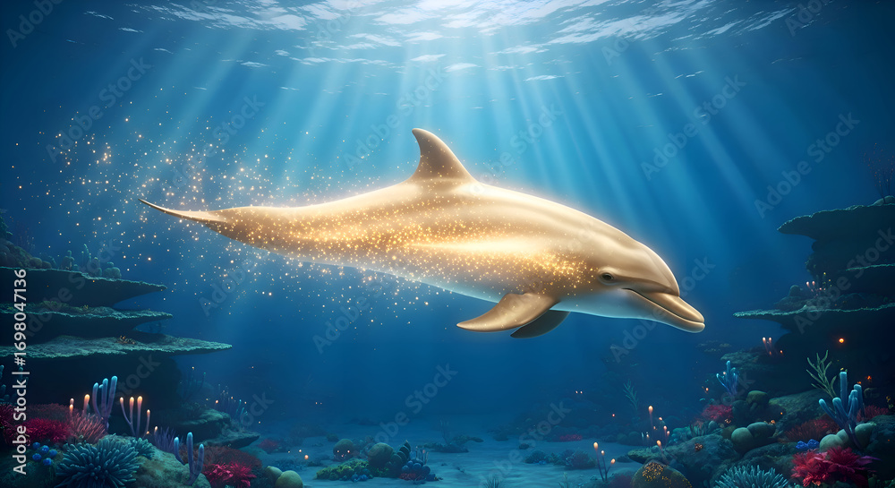 Fototapeta premium Radiant Dolphin Swimming Underwater in Ocean