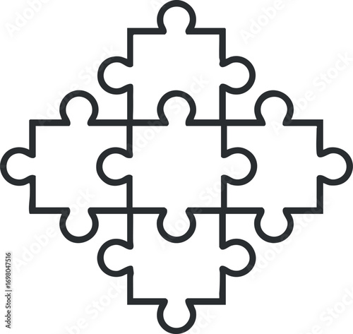 A minimalist illustration of interlocking puzzle pieces symbolizing teamwork and problem solving. Black on transparent background.