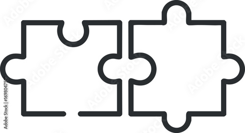 Two interlocking puzzle pieces symbolizing connection and teamwork in problem solving. Black on transparent background.