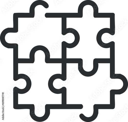 A minimalist graphic of interlocking puzzle pieces symbolizing connection and problem-solving. Black on transparent background.