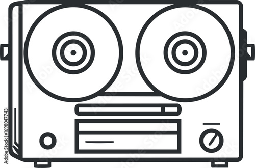 A retro style stereo music player with dual reels and simple controls for audio playback. Black on transparent background.