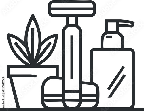 Stylish bathroom essentials including a plant, razor, and skincare products for personal care. Black on transparent background.