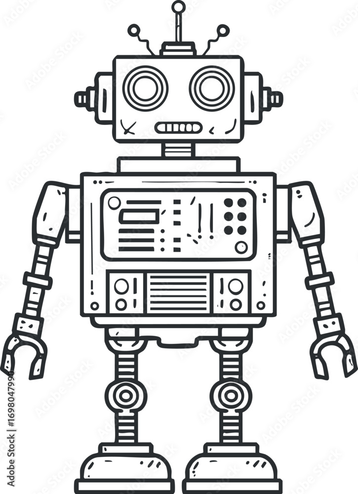 Fototapeta premium A playful cartoon robot character designed for fun and creativity in illustrations. Black on transparent background.