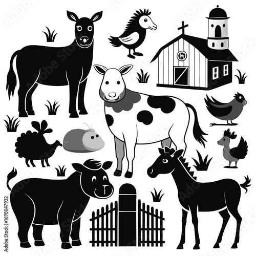 A collection of farm animals and buildings, including horses, cows, chickens, a sheep, a pig, and a barn, set against a simple background.
