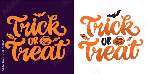 Happy Halloween set - Trick or treat – funny cute  hand drawn doodle lettering label, t-shirt design, mug print, sticker print. 100% hand drawn vector