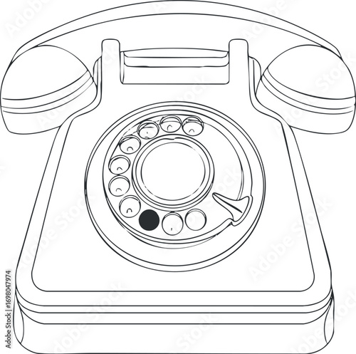A black and white illustration of a vintage rotary telephone showcasing its classic design. Black on transparent background.