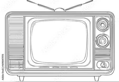 Outline illustration of a vintage television set with antennas and retro design features. Black on transparent background.