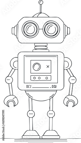 A cute cartoon robot character with large eyes and a friendly design in outline style. Black on transparent background.