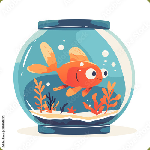 Vector illustration of goldfish in round aquarium with plants and bubbles, isolated on a white background