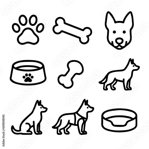 DogThemed Outline Icons Paw Print Bones Dog Breeds Food Bowl and Bed.