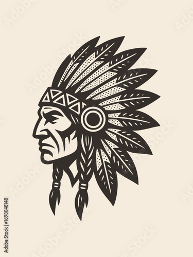 Native American Indian chief portrait engraved vector illustration