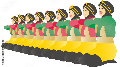 Vector illustration of Saman dance from Aceh, Indonesia, showing a group of dancers in colorful traditional costumes