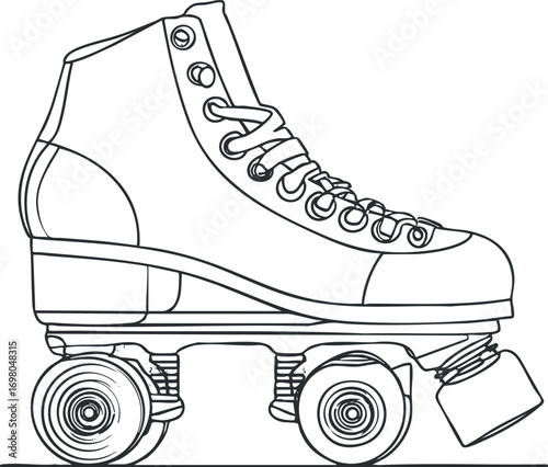 A detailed line drawing of a classic roller skate with four wheels and laces. Black on transparent background.