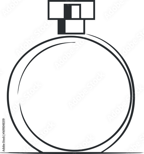 A minimalist illustration of a round perfume bottle showcasing elegant and stylish design. Black on transparent background.