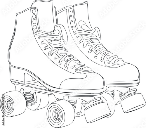 Illustration of a pair of classic roller skates with laces and wheels. Black on transparent background.